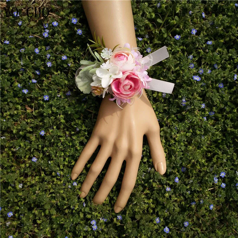 Wedding Accessories Boutonnieres Corsages Pink Rose Cuff Bracelet Flore Bridesmaid Groomsmen Marriage Silk Wrist Corsages (21)