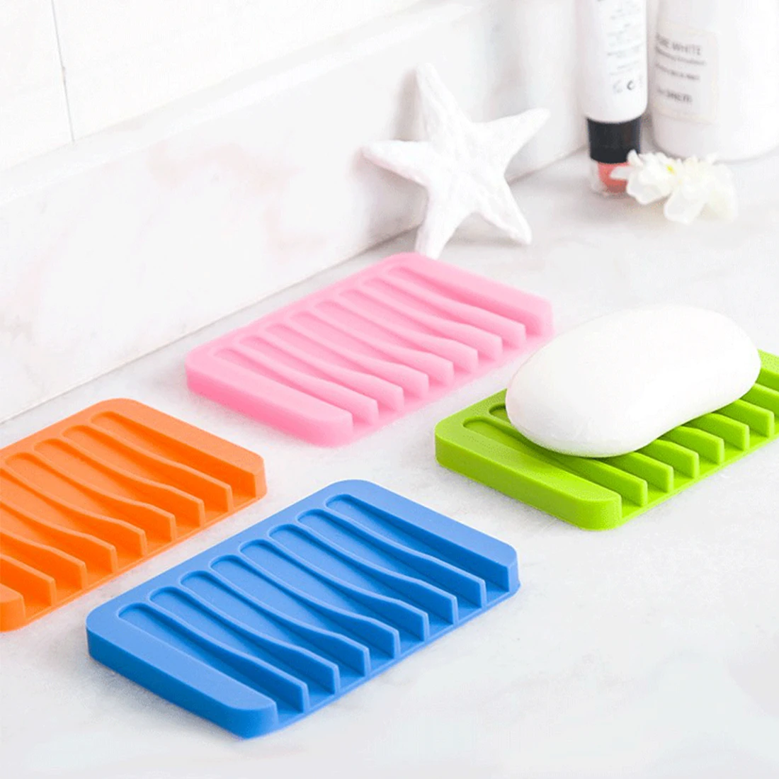 

High 1Pc Bathroom Accessories Silicone Flexible Soap Dish Storage Soap Holder Plate Tray Drain Creative Bath Tools