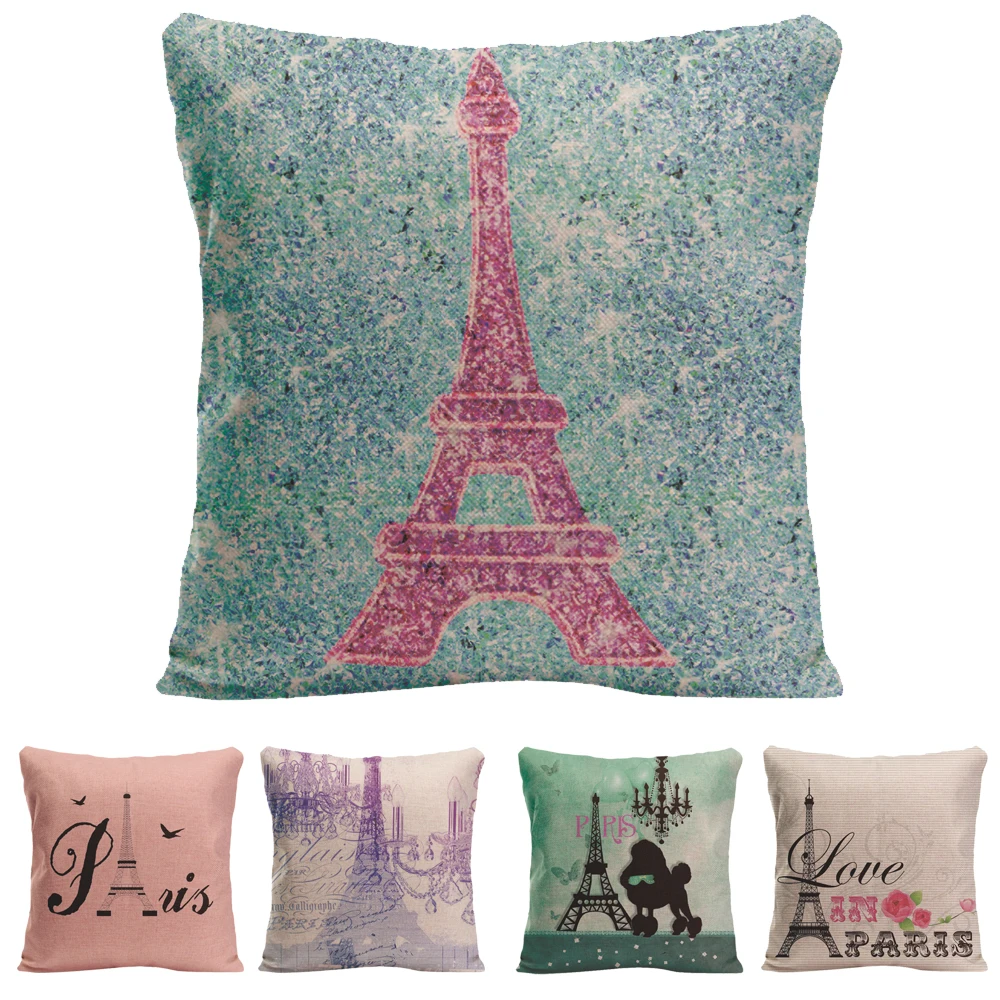 cheap Franch Eiffel Tower Flowers Cotton Linen Cushion Cover Car Office Sofa Throw Pillowcase Retro Vintage Home Decor 20 Inch