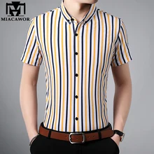 MIACAWOR Новая мужская рубашка, Модные полосатые рубашки, летние повседневные рубашки с коротким рукавом, облегающие рубашки, мужская одежда C446