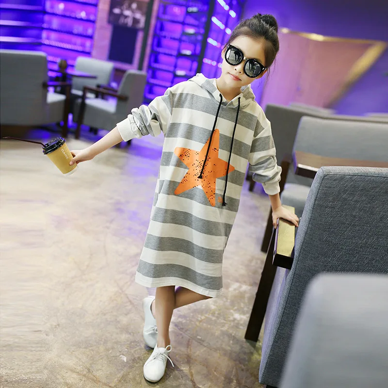 

Print Striped Hooded Casual Girls T shirt Korean Style Patchwork Long Sleeve Girls Tops Active Fashion Brief Cute Kids Clothes