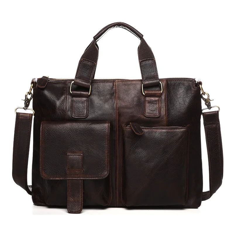 Men Vintage Genuine Leather Cow Leather Tote Shoulder Bag Briefcase, Solid Pure Color, for Office Work Business High Quality