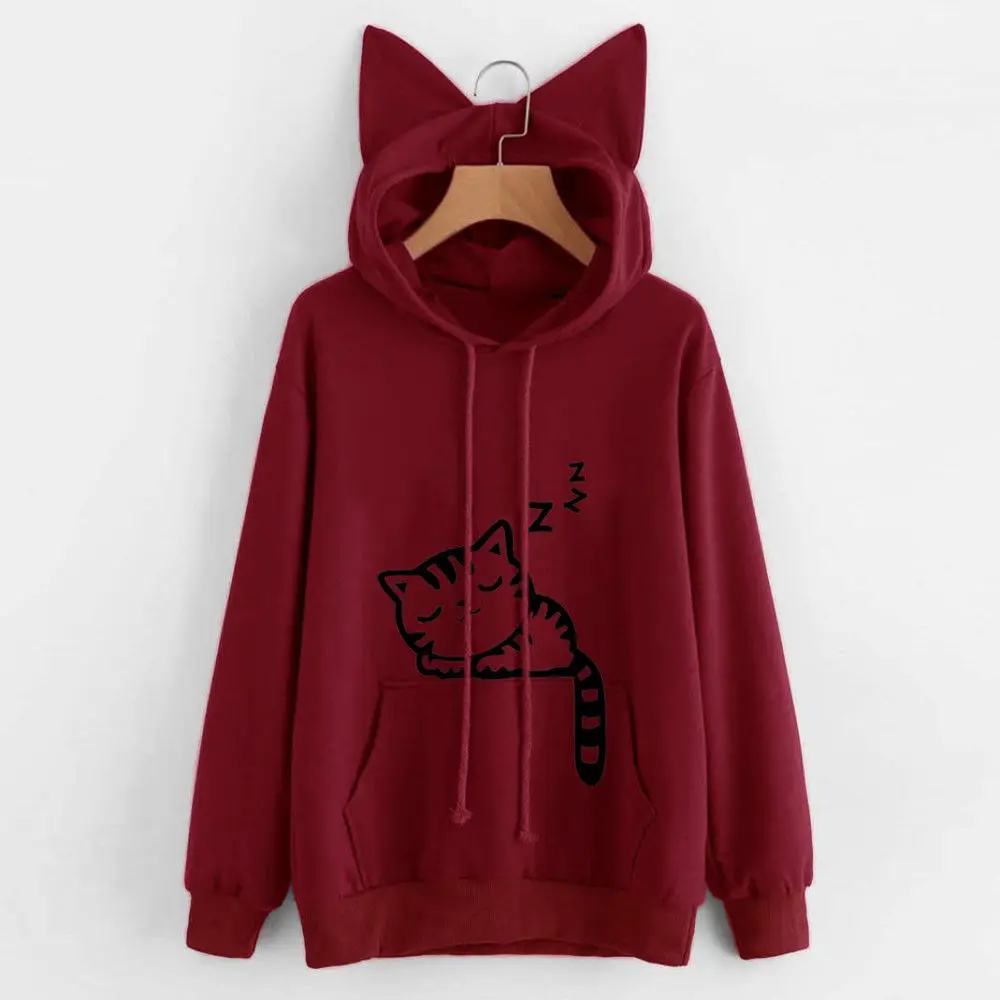 Cat Pattern Printing Hoodies With Lovely Cat Ear Long Sleeve Autumn Front Pocket Drawstring Sweatshirt Sudadera Mujer Ey* Cat Pattern Printing Hoodies With Lovely Cat Ear Long Sleeve Autumn Front Pocket Drawstring Sweatshirt Sudadera Mujer Ey*