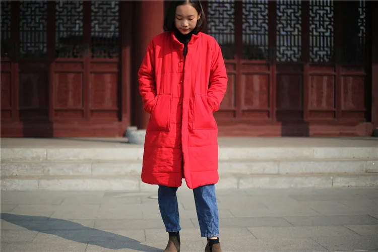 Свободный размер, женское оригинальное пальто в китайском стиле, средней длины, Ретро стиль, верхняя одежда, плюс хлопок, утолщенное пальто с длинным рукавом, ватное пальто