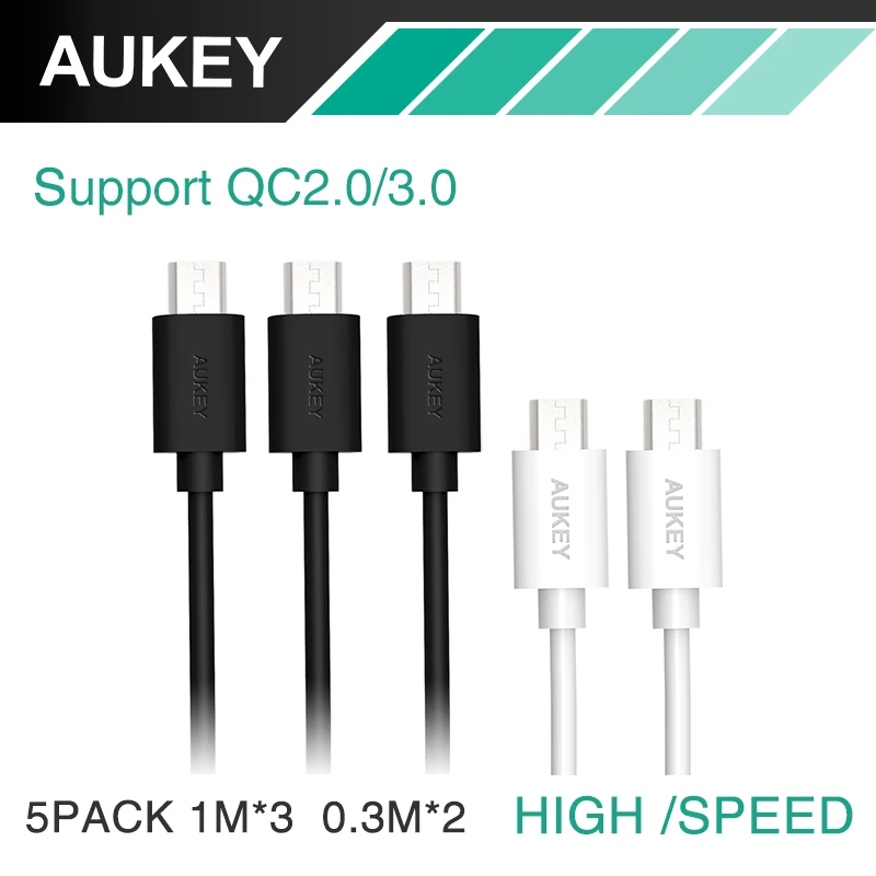 Aukey [5-Pack] Micro USB Cable Fast Charging Adapter 5V2A Data Charger Mobile Phone Cable for HTC Xiaomi & more Device Cable