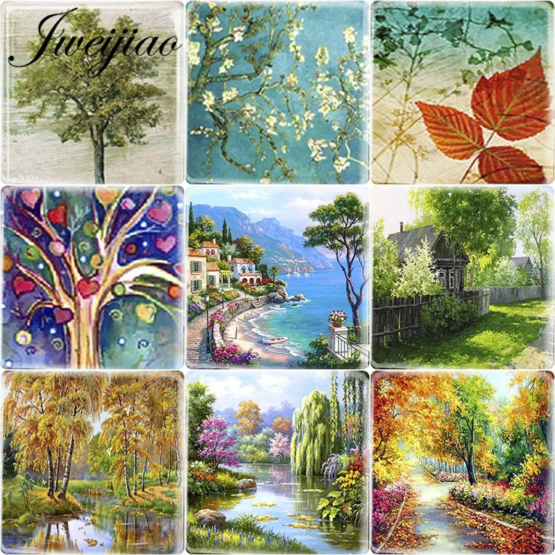 

JWEIJIAO 12mm DIY Square Shape Glass Cabochon with Scenery landscape Tree Pictrues Cameo Charms Settings Jewelry Accessories