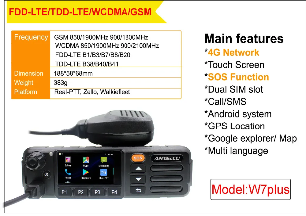 ANYSECU 4G W7Plus Zello PTT Teamspeaker Android 7,0 портативная рация 4G WiFi двухстороннее радио Мобильный телефон/Примечание версия ЕС, версия США