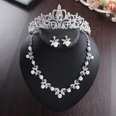 Bride Diaries New Design Crystal Pearl Bride 3pcs Set Necklace Earrings Tiara Bridal Wedding Jewelry Set Accessories (1)