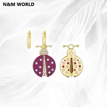 

2019 Fashion Jewelry Asymmetric Yellow Gold Color Ladybug Earrings Pink Red Zircon 925 Sterling Pin Women Girl Gift Jewelry