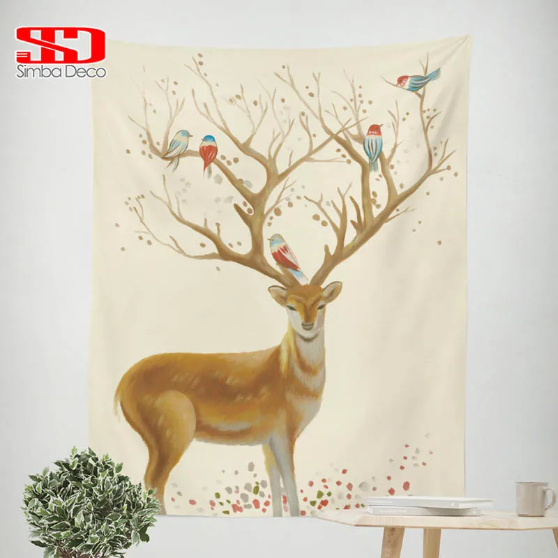 

3D Printed Forest Deer Tapestry with Birds Psychedelic Decoration Wall Hangings Fabric Blankets Living Room Carpet on the Wall