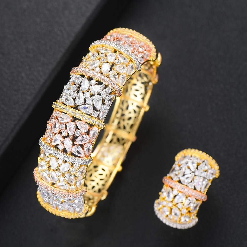 

SISCATHY Exquisite Wide Crystal Cubic Zirconia Bangle Bracelet/Ring For Women Luxury Wedding Female Jewelry Sets Accessories