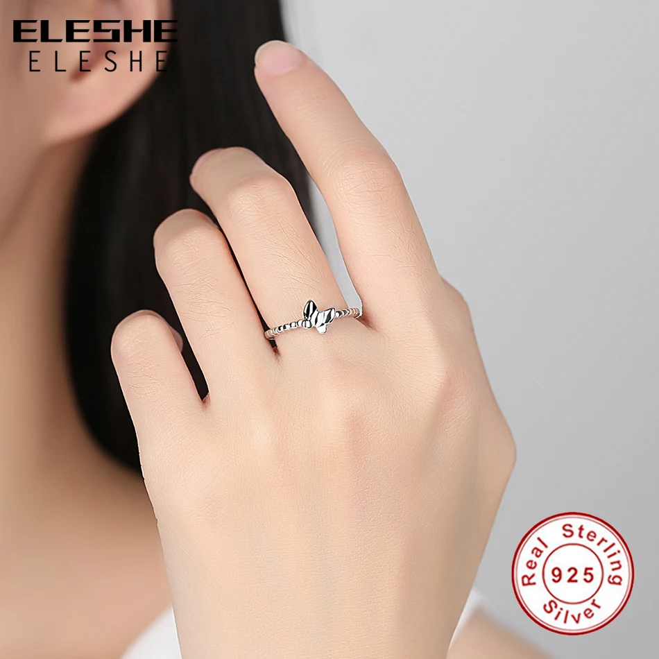 ELESHE Lovely Ladies Butterfly 925 Sterling Silver Open Rings For Women With Silver Adjustable Ring Jewelry Gifts