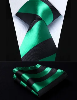 

TS904G8S Green Black Stripe 3.4" Silk Woven Men Tie Necktie Handkerchief Set Party Wedding Classic Pocket Square Tie