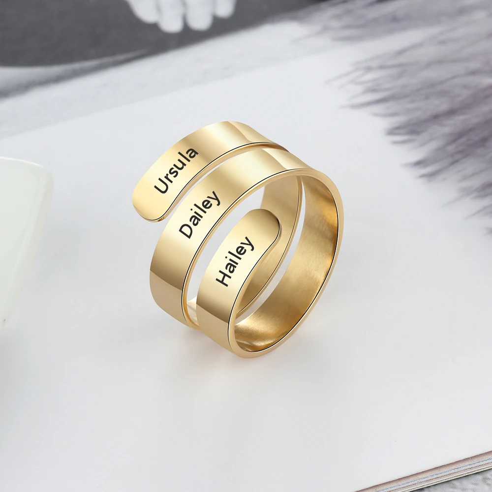 2 Color Personalized Gift Engraved 3 Name Stainless Steel Adjustable Rings For Lovers' Anniversary Jewelry (JewelOra RI103745)