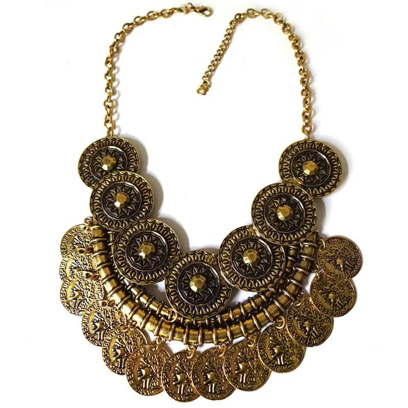 ypsy Beachy Ch Statement Necklace Boho Festival Fringe Bib Coin Tassels Vintage Exaggerate Necklaces & Pendants