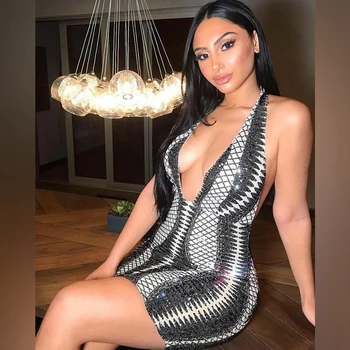 

Ocstrade Silvery Gray Halter Sleeveless Mini Backless Sequined Bandage Dress HB07056