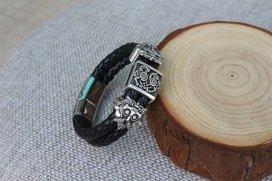 viking slavic Cowhide bracelet men Black Braided Leather Cuff Stainless Steel Magnetic Clasp Genuine Leather Bangles