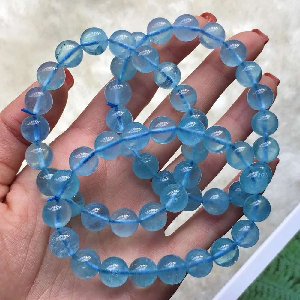 

Genuine Natural Blue Aquamarine Gemstone Clear ound Beads Bracelet Woman Man Healing 9mm 10mm Wedding Gemstone Bracelets AAAAA