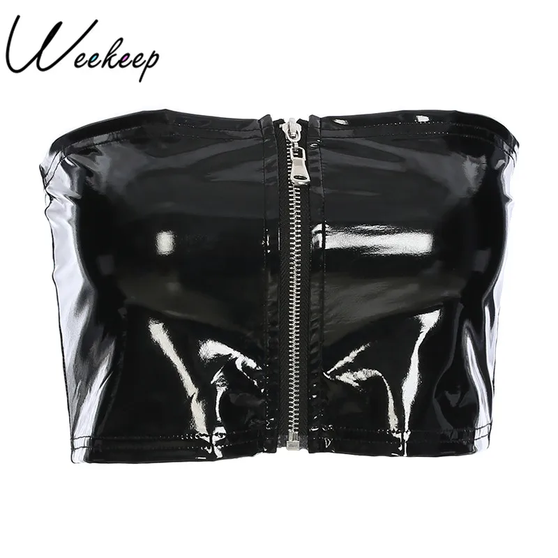 

Weekeep Sexy Black PU Leather Tube Top Women Party Club Front Zipper Bandeau 2018 Summer Cropped Seamless Strapless Crop Top Bra