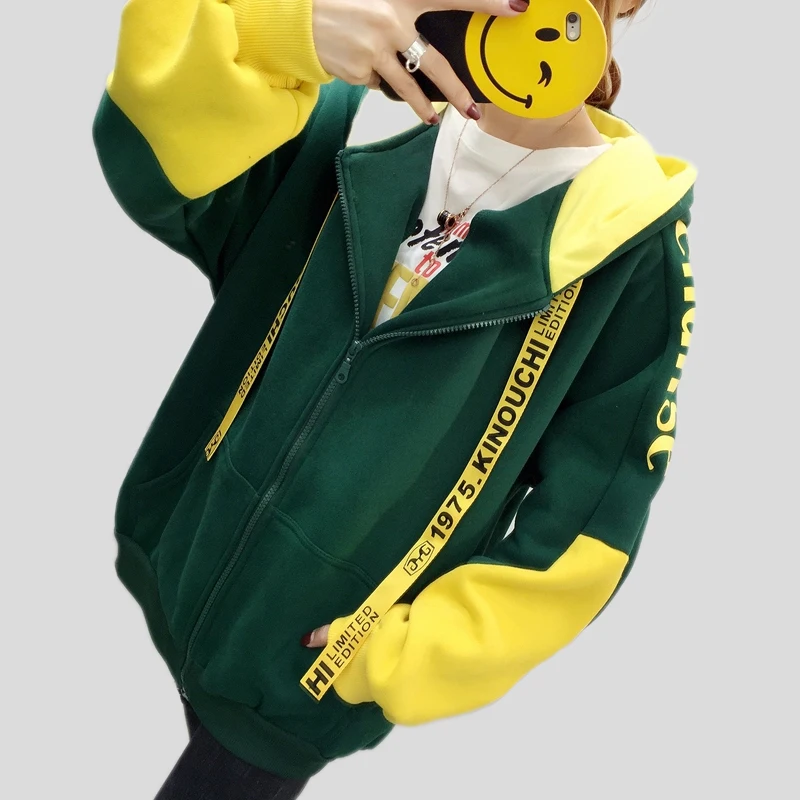  2018 autumn and winter plus velvet cap rope pocket zipper ladies hoodies Korean version of the new 