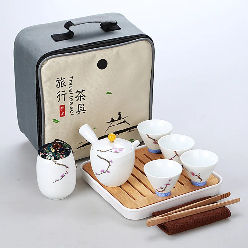 Portable china travel tea set with serving tray and bag