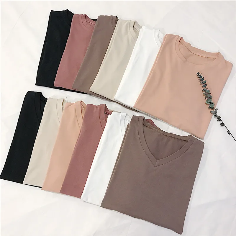 Cena 6 kolory 2019 lato v neck jednolity kolor podstawowe koreański styl vintage t shirty z krótkim rękawem kobiet topy koszulkę femme (R960)