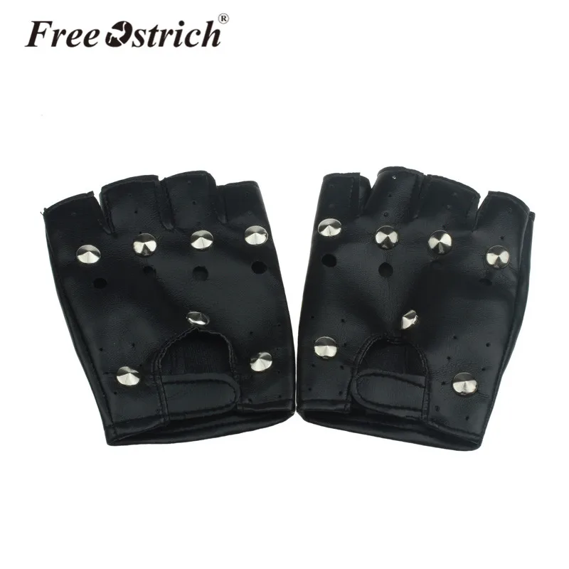 Free Ostrich PU Leather Gloves Tactical Gloves Without Fingers Punk Hip