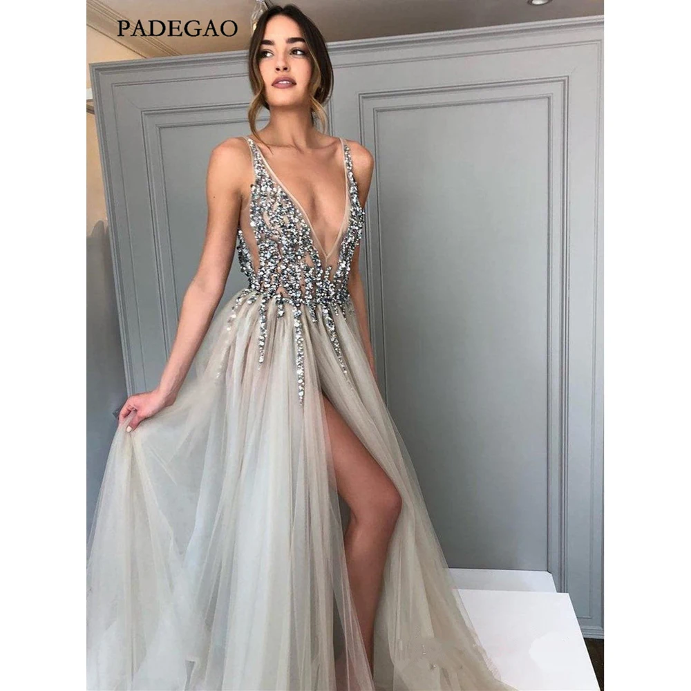 

2019 Elegant Long Backless Grey Sexy Evening Dresses with Slit Rhinestone See Through Prom Evening Gowns