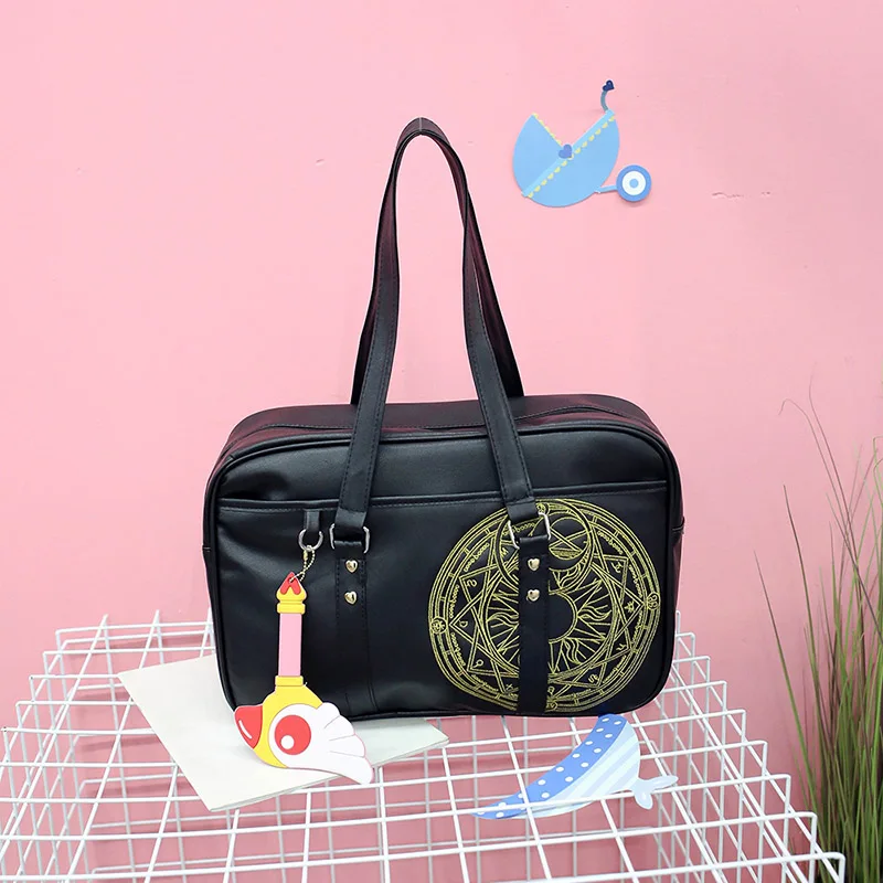 

Preppy Style Card Captor SAKURA Magic Array Embroidery Black PU Shoulder Bags Woman Handbags High Capacity JK Uniform Handbag