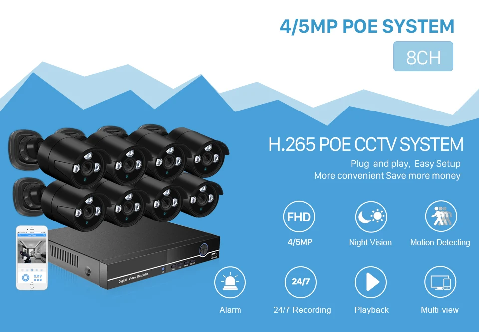 H.265 4MP камера видеонаблюдения системы безопасности 8CH POE NVR с ip-камерой 5MP CCTV комплект водонепроницаемый IP66 система видеонаблюдения XMEye