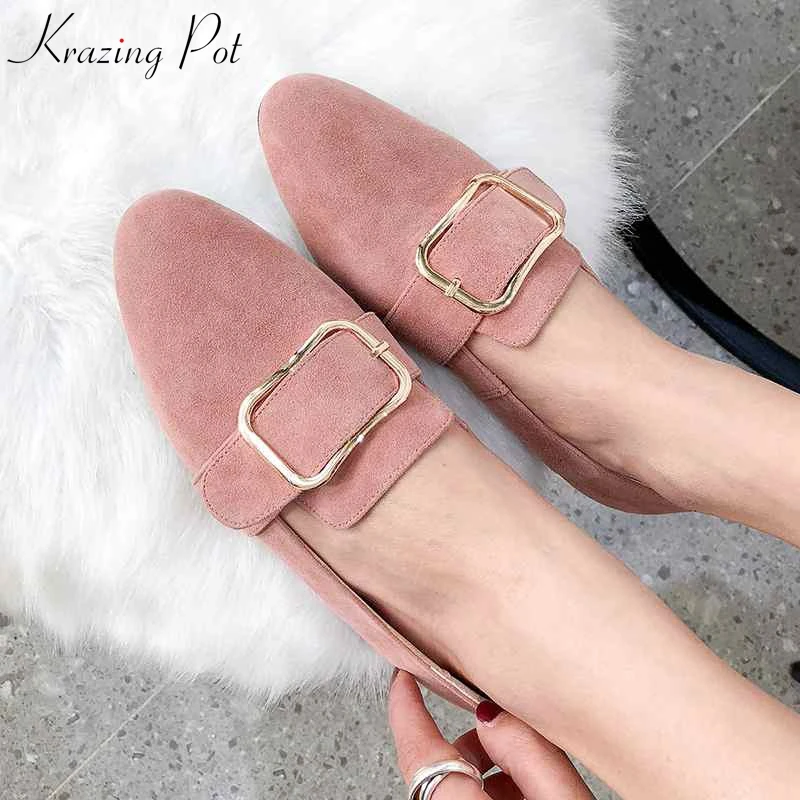 

Krazing Pot hot sheep suede lazy woman round toe slip on handmade solid color square buckle pregnant woman loafers flats L7f3