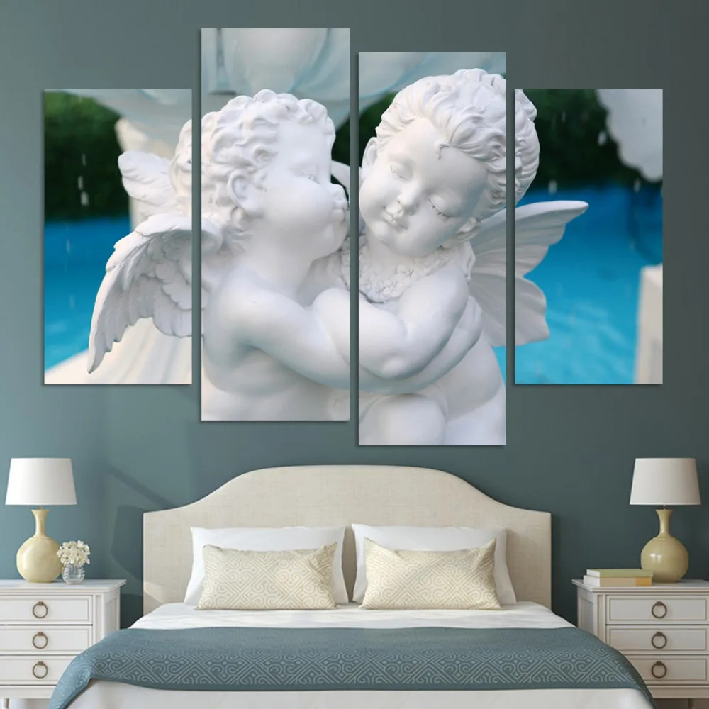 White Sculpture Modular HD Printed 4 Panel Lovely Angel Wings Posters Home Decor Canvas Painting Wall Picture for Living Room | Дом и сад