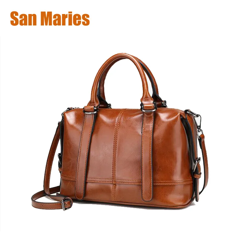 

San Maries Genuine Leather Women Bag Oil Wax Leather Handbag Solid Cowhide Leather Shoulder Bag Large Capacity Pillow Women Bags
