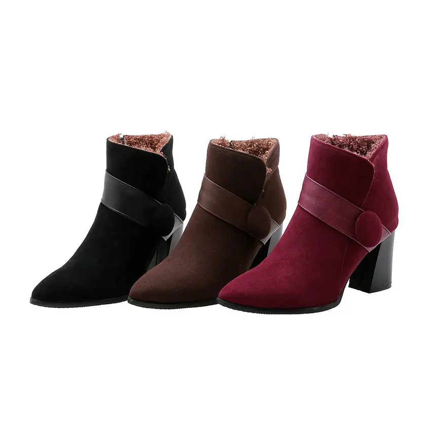 QUTAA/ г. Новая осенне-зимняя повседневная женская обувь из искусственной кожи Модные теплые зимние ботильоны на меху на высоком квадратном каблуке размеры 34-43