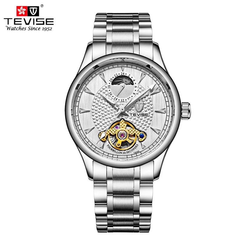 Tevise Top Brand Moon Phase Automatic Mechanical Watches Mens Tourbillon Skeleton Watch Men Stainless Steel 24 hour Clock T808B | Наручные