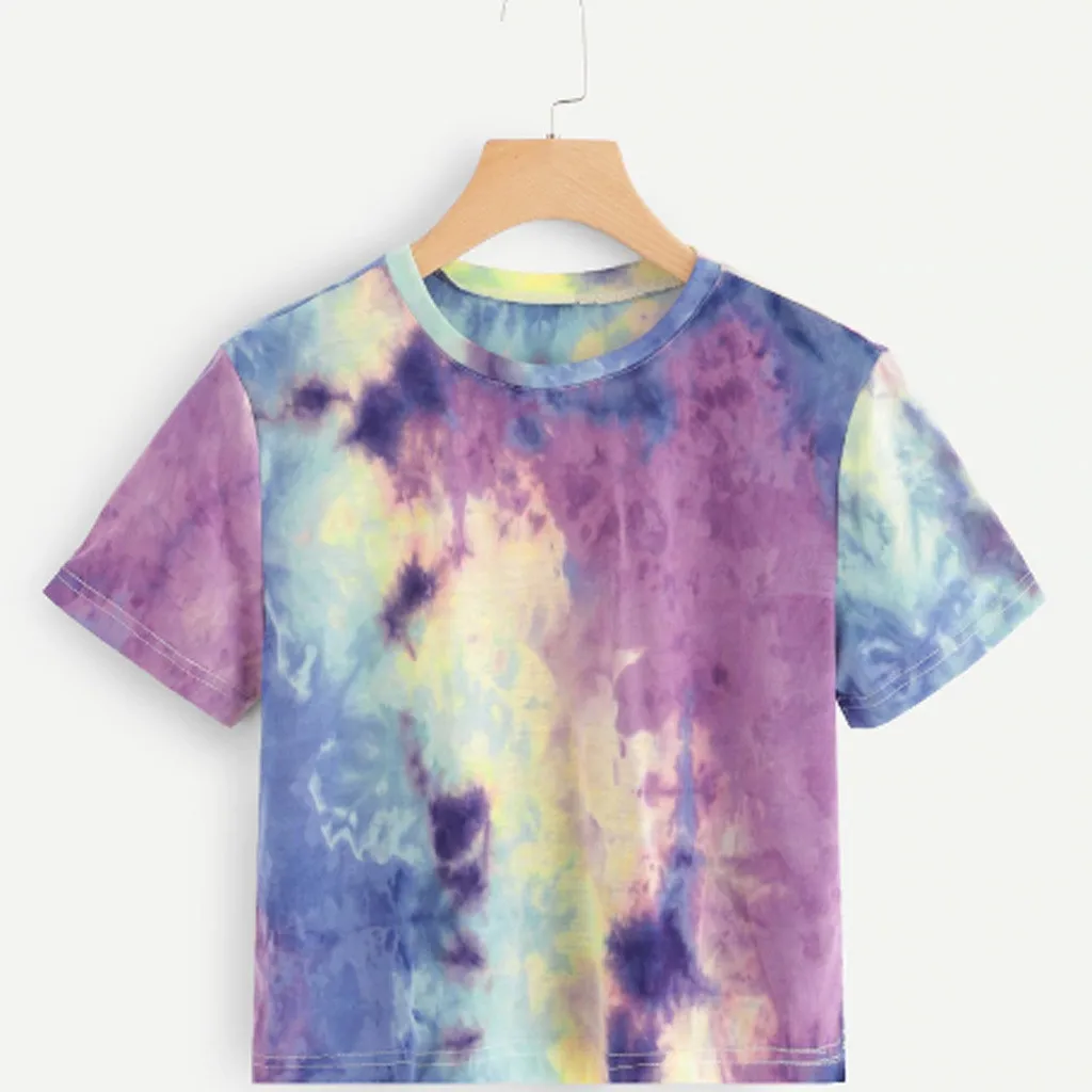 Женские летние топы, футболка с принтом Tie Dye, короткий рукав, топы с круглым вырезом, Повседневная футболка, женская одежда, Футболка harajuku