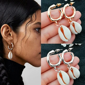 

Fashion Cowrie Sea Shell Earrings For Women Gold Color 2019 New Summer Statement Conch Shell Drop Earrings Big Pendientes