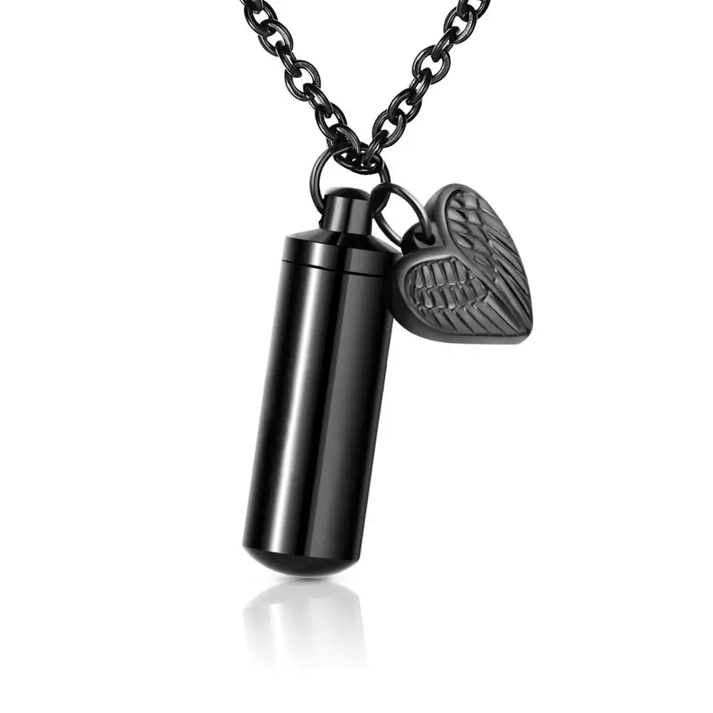 SOITIS мужской женский брелок ожерелье сердце пепел Ювелирные изделия 316L нержавеющая сталь два стиля кремации урна Подвески Крылья Ангела Черный - Окраска металла: Black