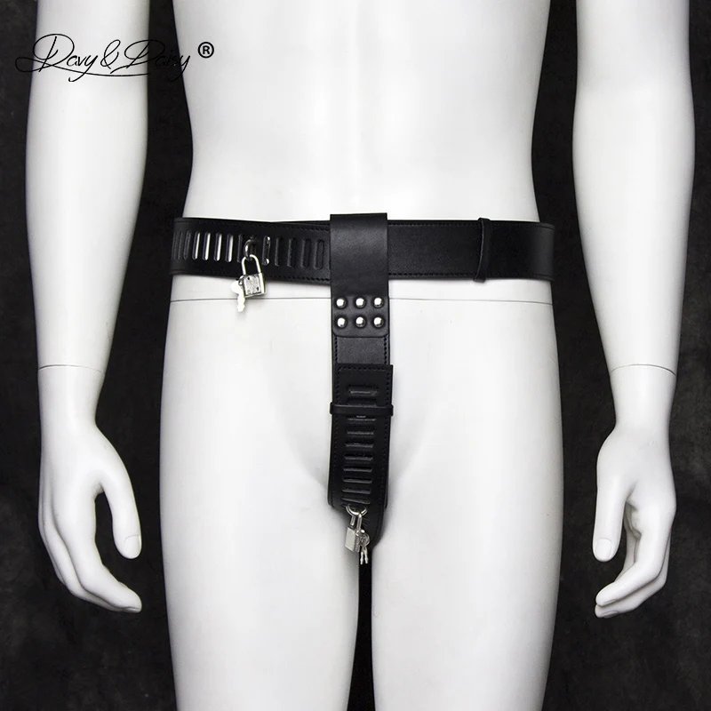DAVYDAISY Men Chastity Belt Lock Latex Panties PU Leather Gay Fetish Thongs Sexy Lingerie Exotic Briefs Male Underwear UN532