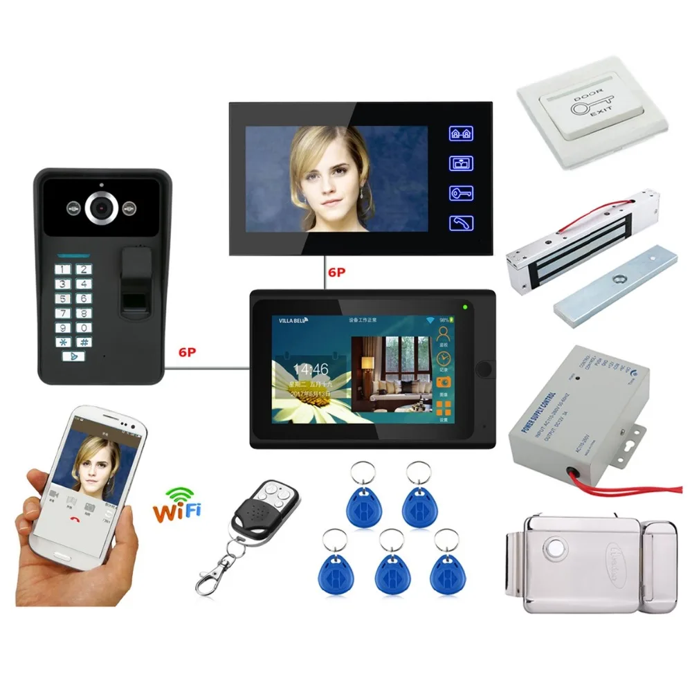 

Home set 7" 2 Monitors Wired /Wireless Wifi Video Doorbell Intercom System with IR-CUT HD 1000TVL Wired CCD Camera+Electric Lock