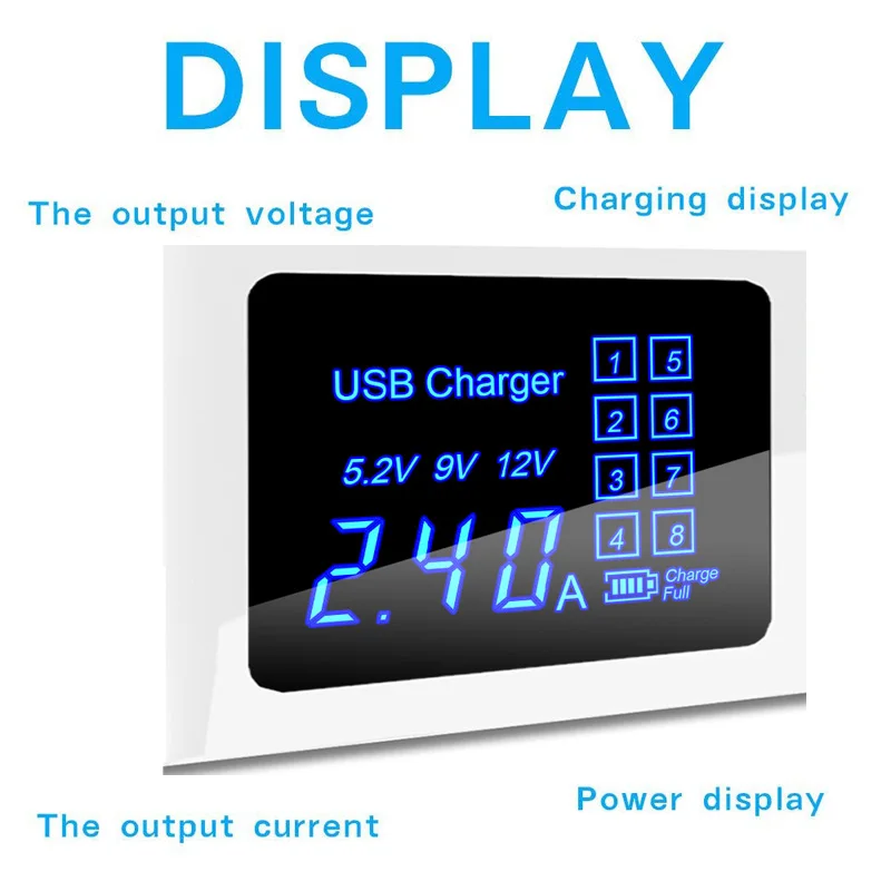 Quick Charge 3.0 Smart 40W 8 Ports USB Charger Digital Display QI Wireless Charger Charging Power Socket Adapter Strip EU US UK