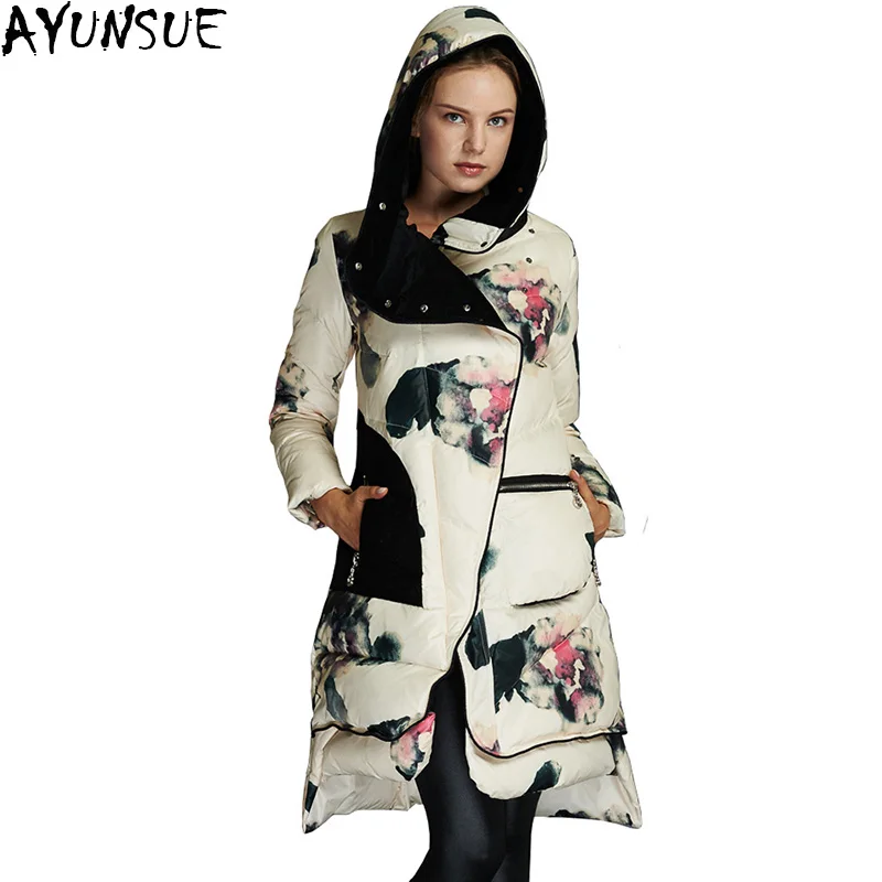 

AYUNSUE New European 2019 Women Winter Jacket Printing Flower Parka Duck Down Loose Long Overcoat Female Snowear plus size LX895