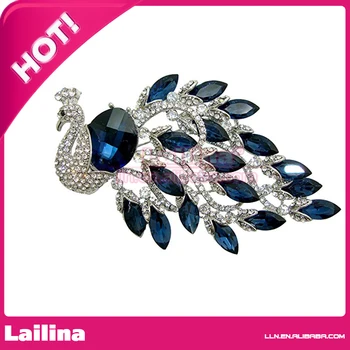 

100pcs/lot Silver-tone Big Peacock Bird Blue Crystal and Clear Rhinestone Brooch Pin