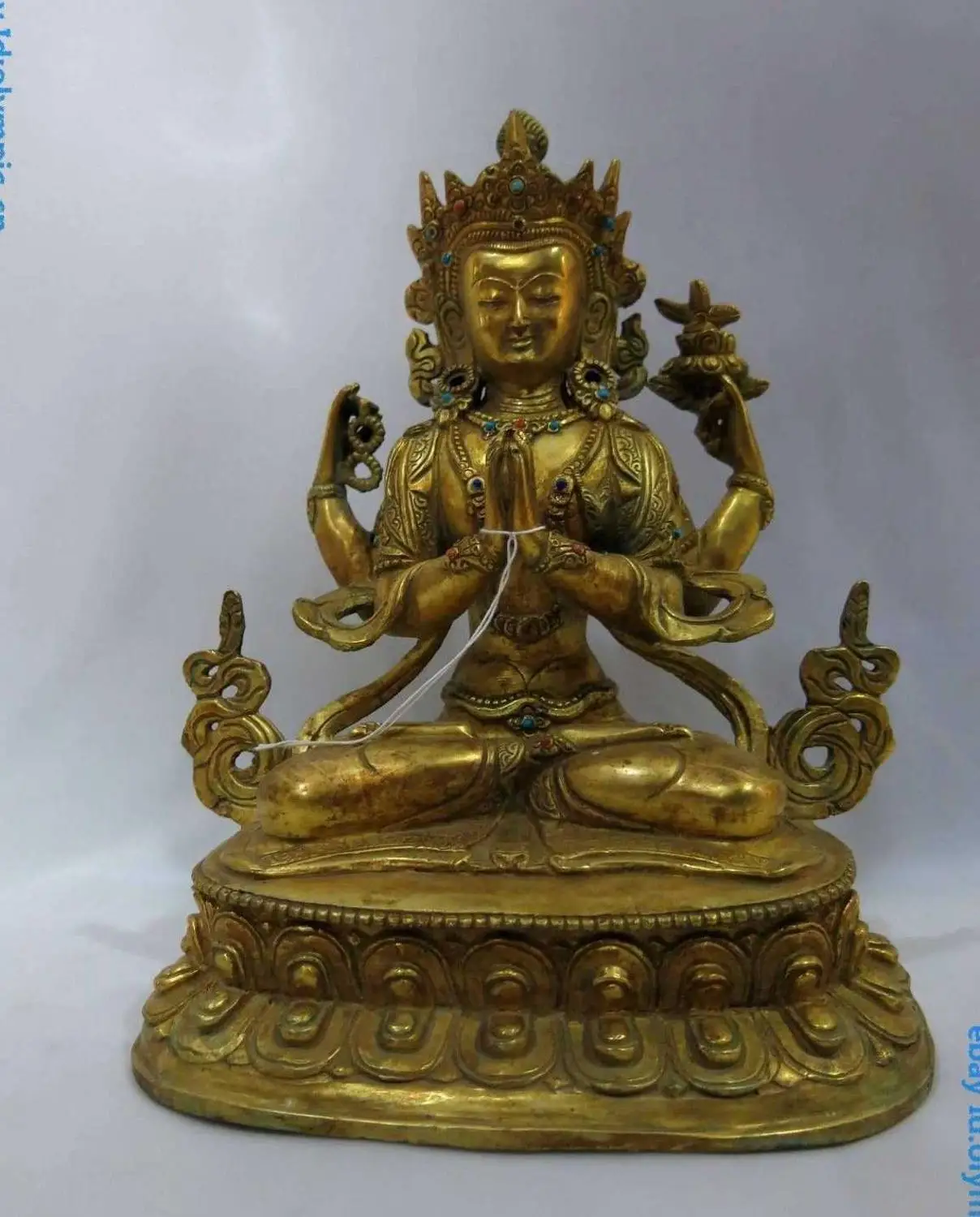 9" China Tibet bronze gild Buddhism Four arm Guanyin Kwan yin buddha Statuestatues buddha