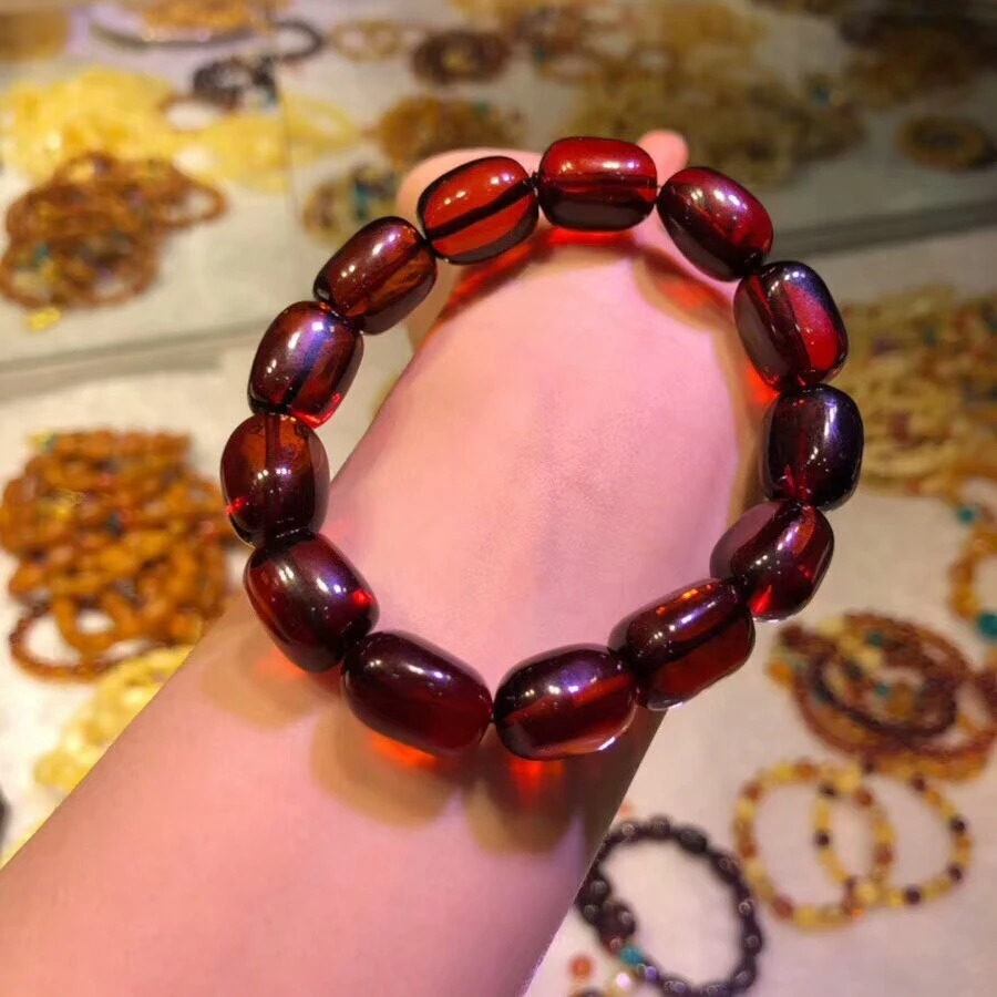 Genuine Natural Blood Red Amber Gemstone Crystal Barrel Beads Fine Jewelry Women Lady Stretch Bracelet 17x12mm AAAAA (4)