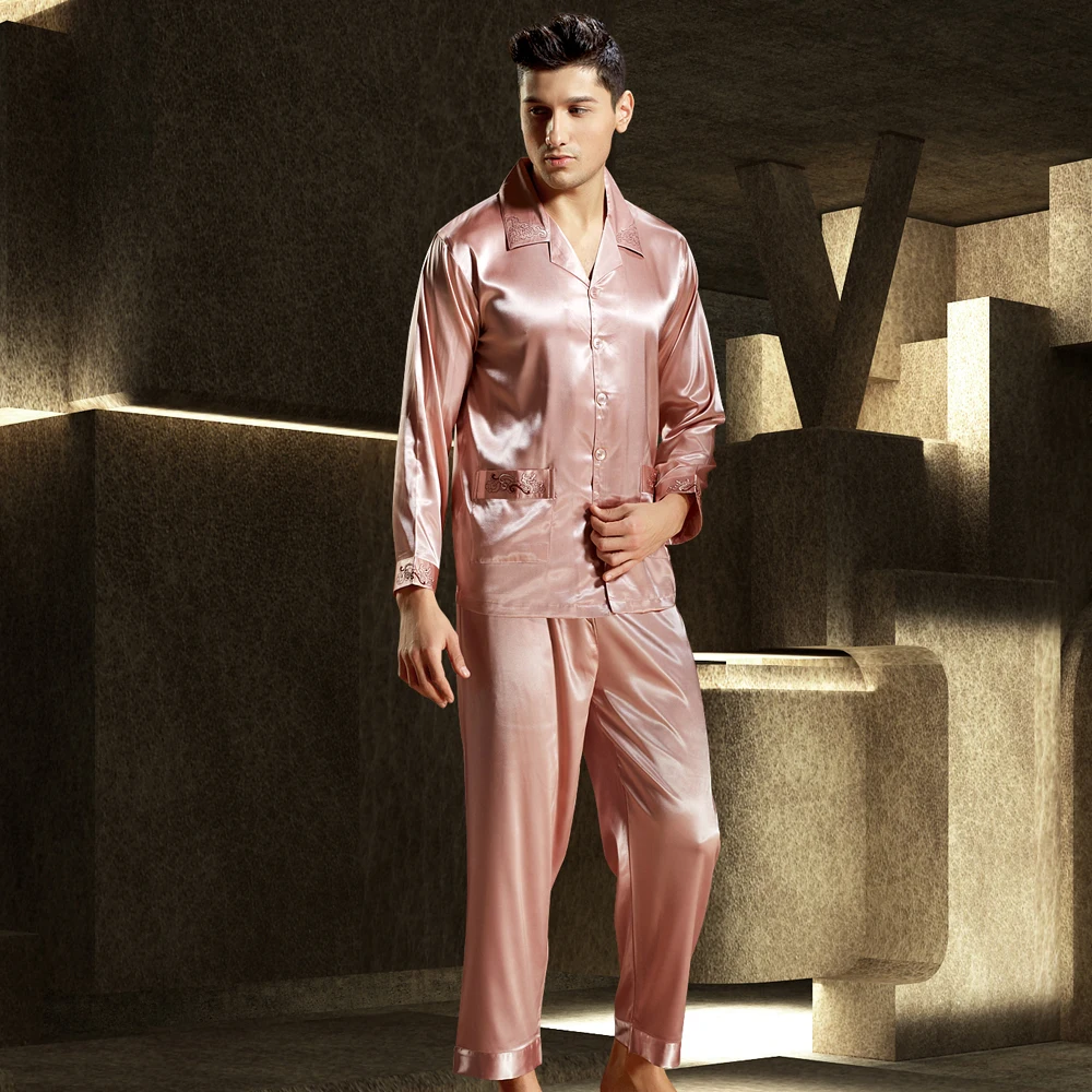 2020 New Brand Satin Silk Men Pajamas Luxurious Embroidery Sleepwear Long-Sleeved Pyjama Sets High Quality Casual Home Wear 3315
