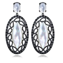 Madre de Pearl pendientes de concha y Cubic Zirconia pendientes de gota para mujeres de plata antialérgica Pin plateado platino joyería Vintage