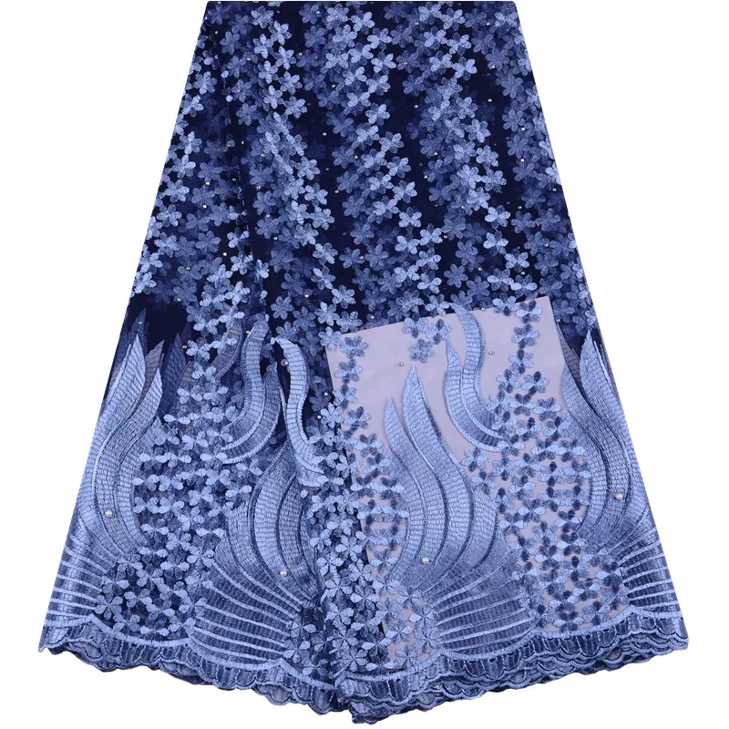 

2019 Latest Blue Color Stones Tulle Lace Fabric High Quality African Lace Fabric With Beads Lace Material For Bridal Lace 1470
