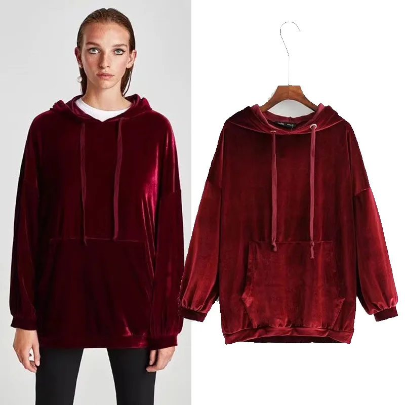 High Quality Women Pullover Velvet Hoodies Vintage Loose Solid Color