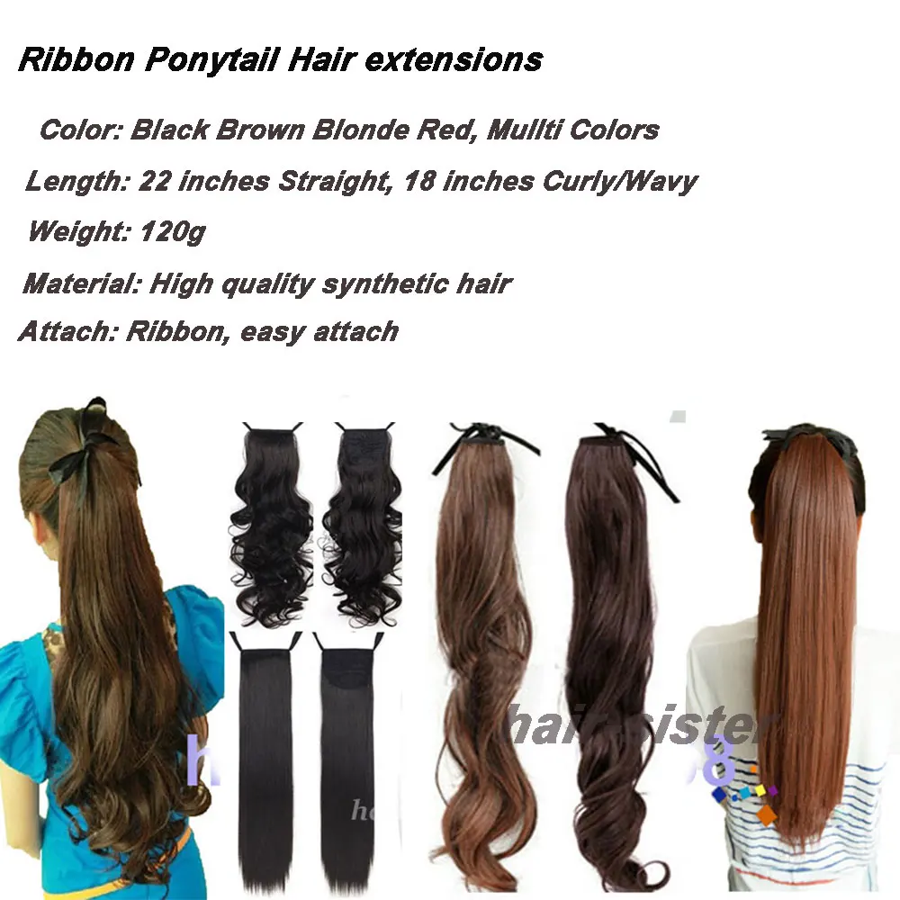 Long Women Ribbon Ponytails Long Straight Hair Pieces Synthetic Hair 125g Wrap on Hairpiece Clip In Ponytail Multicolors